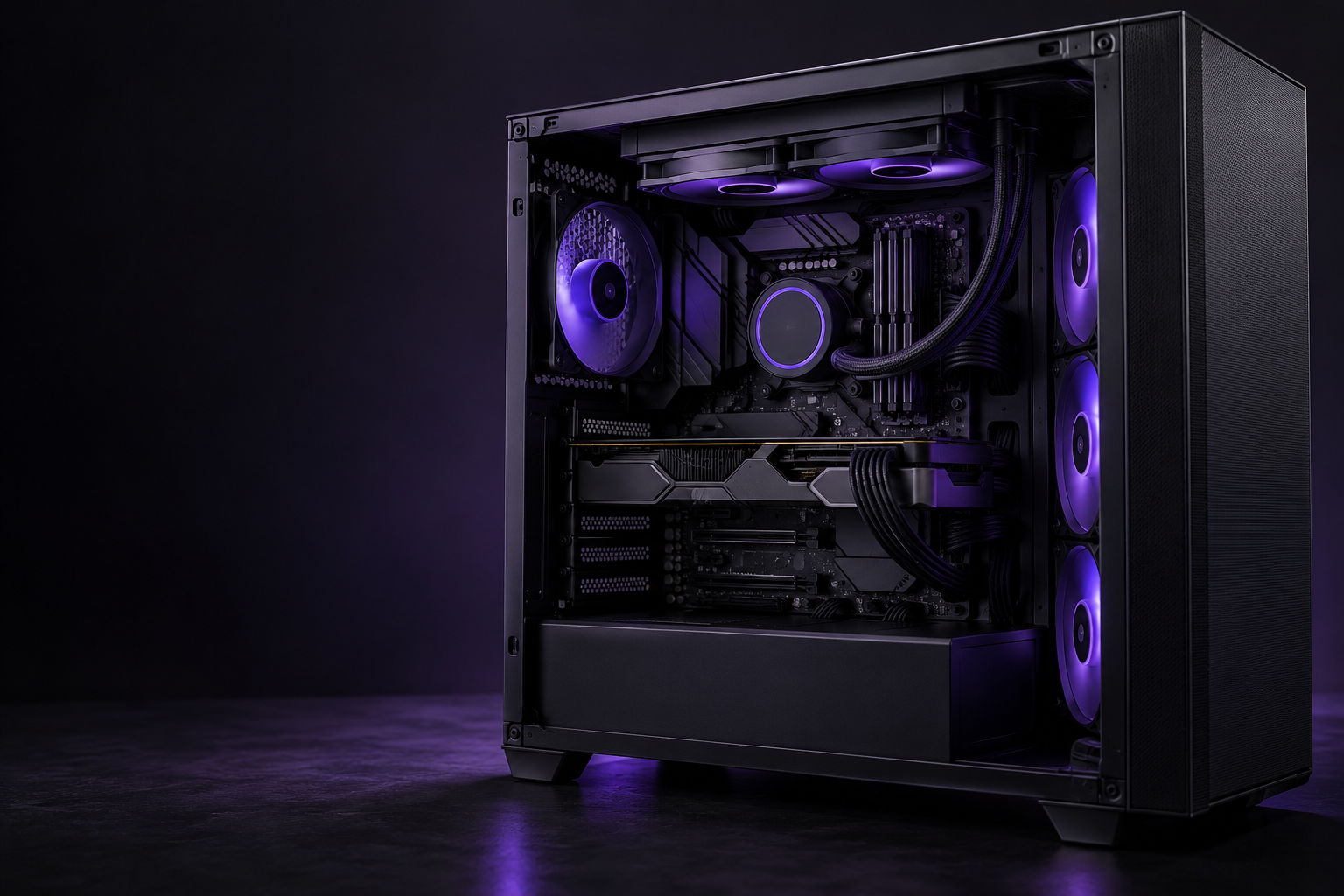 Interior de una PC con iluminación violeta; imagen ilustrativa
